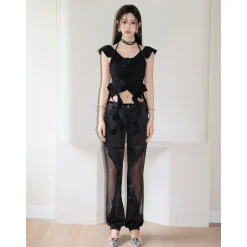 MeliMosa Irregularly Hem Ruffled Halter Top Black