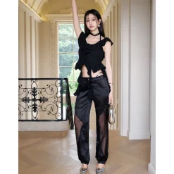 MeliMosa Irregularly Hem Ruffled Halter Top Black