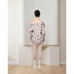 MeliMosa Kitten Printed Drawstring Off-Shoulder Shirt