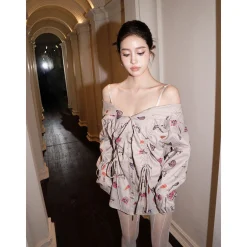 MeliMosa Kitten Printed Drawstring Off-Shoulder Shirt
