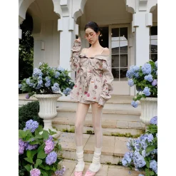 MeliMosa Kitten Printed Drawstring Off-Shoulder Shirt
