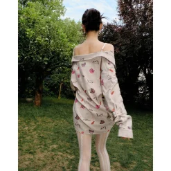 MeliMosa Kitten Printed Drawstring Off-Shoulder Shirt