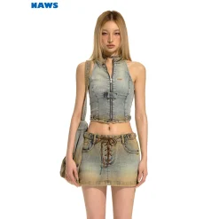 NAWS Distressed Sleeveless Halter Denim Vest