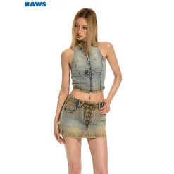 NAWS Distressed Sleeveless Halter Denim Vest