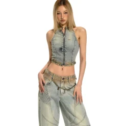 NAWS Distressed Sleeveless Halter Denim Vest