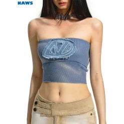 NAWS Embroidered Denim Logo Knit Tube Top Vest Blue