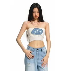 NAWS Embroidered Denim Logo Knit Tube Top Vest White