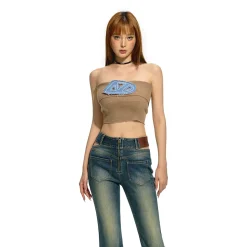 NAWS Embroidered Denim Logo Knit Tube Top Vest Brown