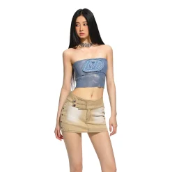 NAWS Embroidered Denim Logo Knit Tube Top Vest Blue