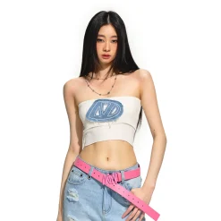 NAWS Embroidered Denim Logo Knit Tube Top Vest White