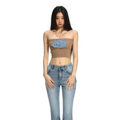 NAWS Embroidered Denim Logo Knit Tube Top Vest Brown