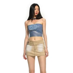 NAWS Embroidered Denim Logo Knit Tube Top Vest Blue