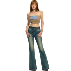 NAWS Embroidered Denim Logo Knit Tube Top Vest Brown