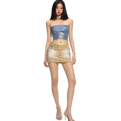 NAWS Embroidered Denim Logo Knit Tube Top Vest Blue
