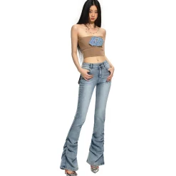 NAWS Embroidered Denim Logo Knit Tube Top Vest Brown