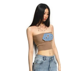 NAWS Embroidered Denim Logo Knit Tube Top Vest Brown