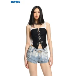 NAWS Lace Patchwork Tie Tube Top Vest Black