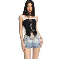 NAWS Lace Patchwork Tie Tube Top Vest Black