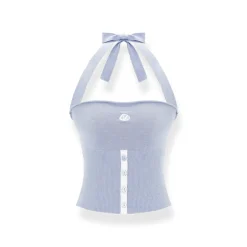 NAWS Lace-Up Halter Split Knit Tube Top Vest Blue
