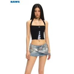 NAWS Lace-Up Halter Split Knit Tube Top Vest Black