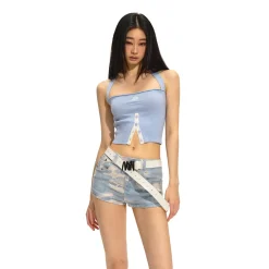 NAWS Lace-Up Halter Split Knit Tube Top Vest Blue