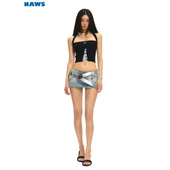 NAWS Lace-Up Halter Split Knit Tube Top Vest Black