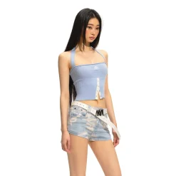 NAWS Lace-Up Halter Split Knit Tube Top Vest Blue