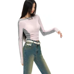 NotAwear Color Blocked Knit Woolen Slim Top Pink