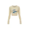NotAwear Denim Patchwork Mesh Long Sleeve Top Beige