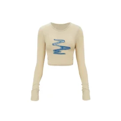 NotAwear Denim Patchwork Mesh Long Sleeve Top Beige