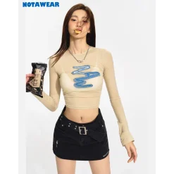 NotAwear Denim Patchwork Mesh Long Sleeve Top Beige