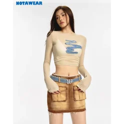 NotAwear Denim Patchwork Mesh Long Sleeve Top Beige