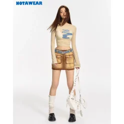 NotAwear Denim Patchwork Mesh Long Sleeve Top Beige