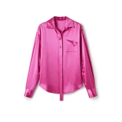 NotAwear Logo Embroidery Oversize Ripple Satin Shirt Rose Red