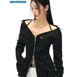 NotAwear Logo Embroidery Drawstring Slim Zipper Shirt Black