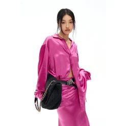 NotAwear Logo Embroidery Oversize Ripple Satin Shirt Rose Red