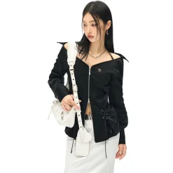 NotAwear Logo Embroidery Drawstring Slim Zipper Shirt Black