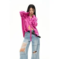 NotAwear Logo Embroidery Oversize Ripple Satin Shirt Rose Red