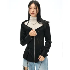 NotAwear Logo Embroidery Drawstring Slim Zipper Shirt Black