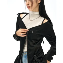 NotAwear Logo Embroidery Drawstring Slim Zipper Shirt Black