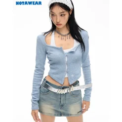 NotAwear Square Neck Slim Hollow-Out Top Blue