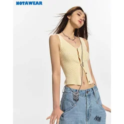 NotAwear V-Neck Hollow Knit Vest Yellow