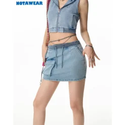 NotAwear Washed Denim Knit Hooded Vest Top