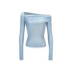 NotAwear Wrinkled Woolen Knit Off-Shoulder Top Blue