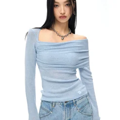 NotAwear Wrinkled Woolen Knit Off-Shoulder Top Blue