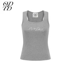 ODTD Embroidery Handwritten Slogan Vest Top Grey