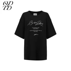 ODTD Embroidery Handwritten Slogan Logo Loose T-Shirt Black