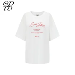 ODTD Embroidery Handwritten Slogan Logo Loose T-Shirt White