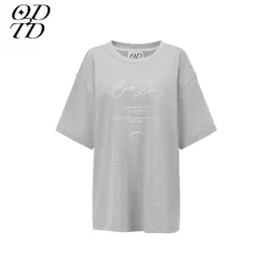 ODTD Embroidery Handwritten Slogan Logo Loose T-Shirt Grey