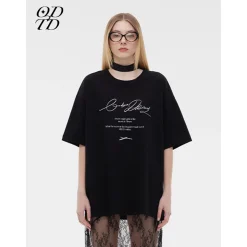ODTD Embroidery Handwritten Slogan Logo Loose T-Shirt Black